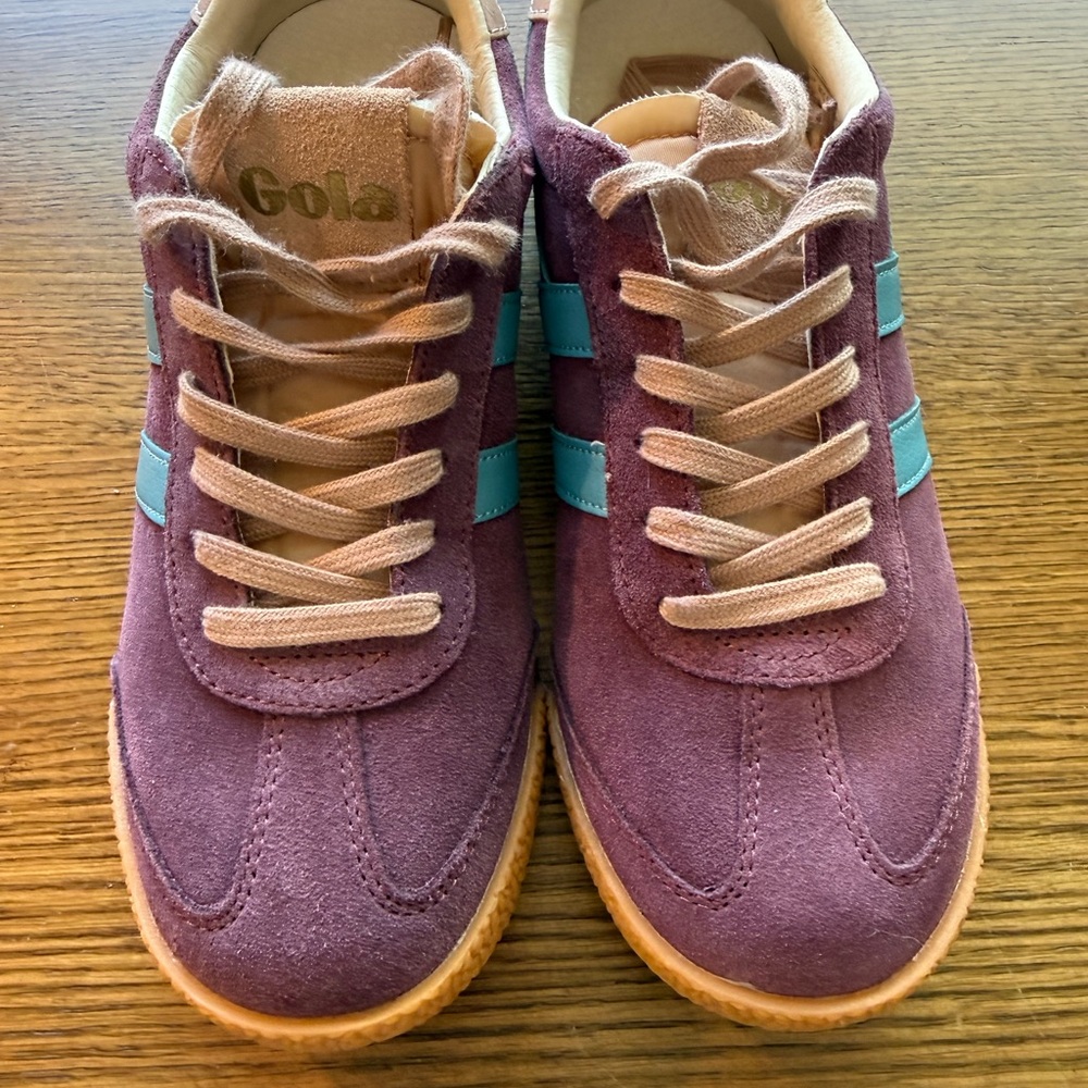 Gola Suede Sneakers in Plum with Teal Stripes and Beige Laces